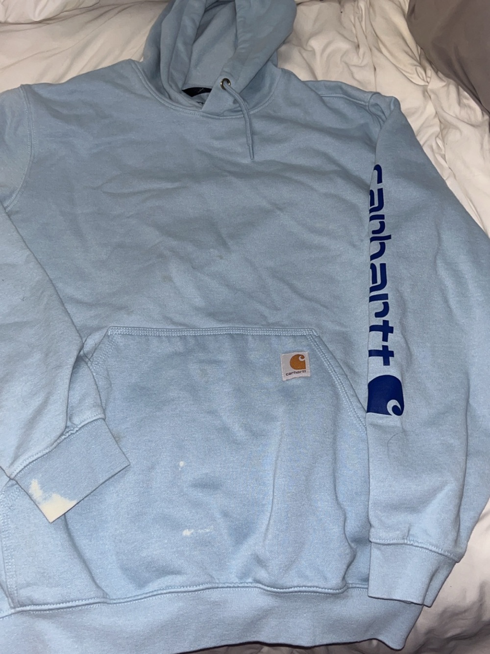 Carhartt Light Blue Pullover Hoodie with Navy Sleeve Script